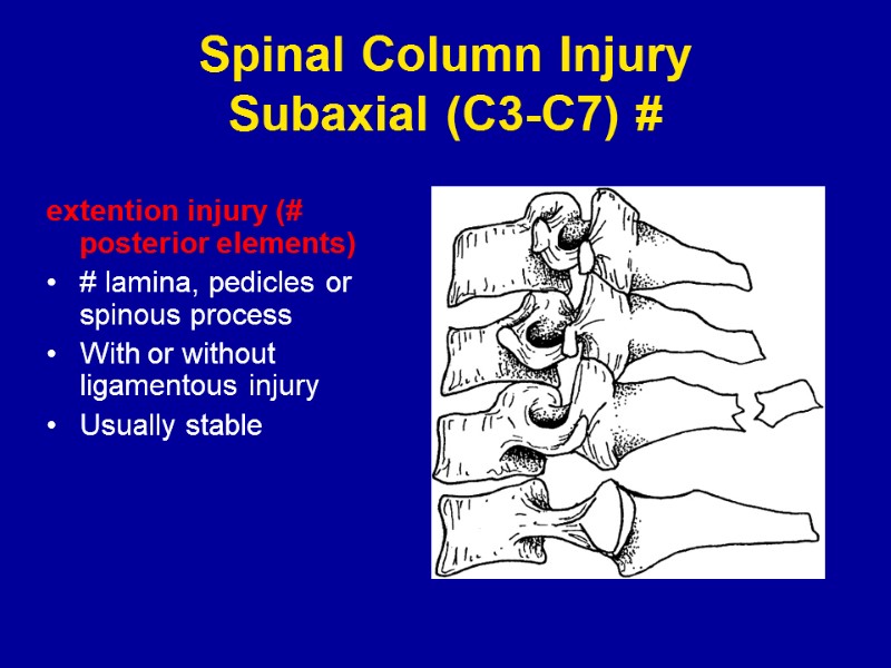 Spinal Column Injury Subaxial (C3-C7) # extention injury (# posterior elements) # lamina, pedicles
